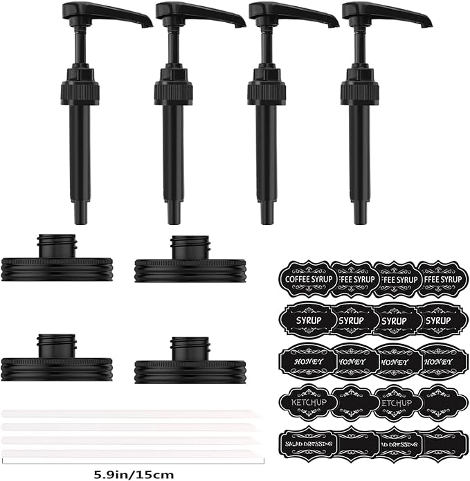 Mason Jar Dispenser, 4PK Coffee Bar Syrup Dispenser, Pump and Lid for Regular Mouth Mason Jar, Food Grade Rust-Proof Pump for Liquid Condiments, Ketchup, Honey, Syrup and More