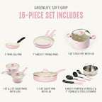 GreenLife 16 Piece Nonstick Cookware Set, Soft Grip Non-Toxic PFAS-Free Ceramic Pots & Pans, Dishwasher & Oven Safe, Frying, Sauce, Saute, Utensils, Glass Lids, Stay-Cool Handles, Wobble Free, Pink