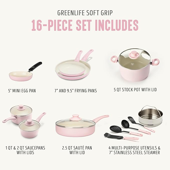 GreenLife 16 Piece Nonstick Cookware Set, Soft Grip Non-Toxic PFAS-Free Ceramic Pots & Pans, Dishwasher & Oven Safe, Frying, Sauce, Saute, Utensils, Glass Lids, Stay-Cool Handles, Wobble Free, Pink