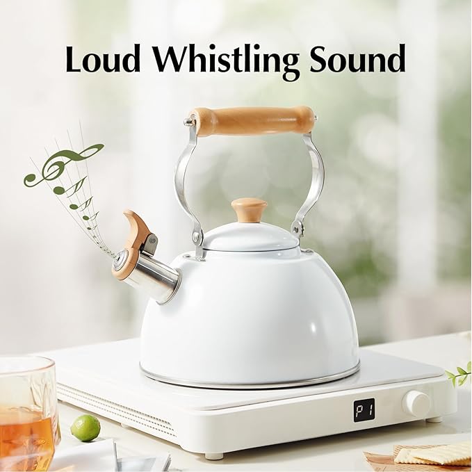 ROCKURWOK Tea Kettle, Tea Pot with Cool Touch Ergonomic Handle, Teapot Food Grade Stainless Steel, Tea Kettle Stovetop, Kettle Teapot, Whistling Tea Kettle, Tea Pot, 2.7 Quart (White)