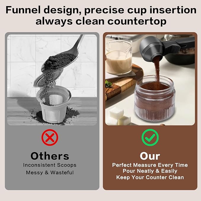 2-in-1 Coffee Scoop with Funnel, 2 Teaspoon Measuring Spoon for Reusable K Cups, Ground Coffee, Protein Powder & Tea, Mess-Free Plastic Design (Black)