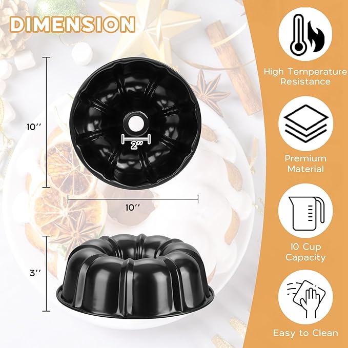 Onader 2 Pack Cake Pan Nonstick, 10 Inch Round Fluted Tube Pans for Baking Pound Cakes, 10 Cups Large Heavy Duty Carbon Steel Baking Mold, Black
