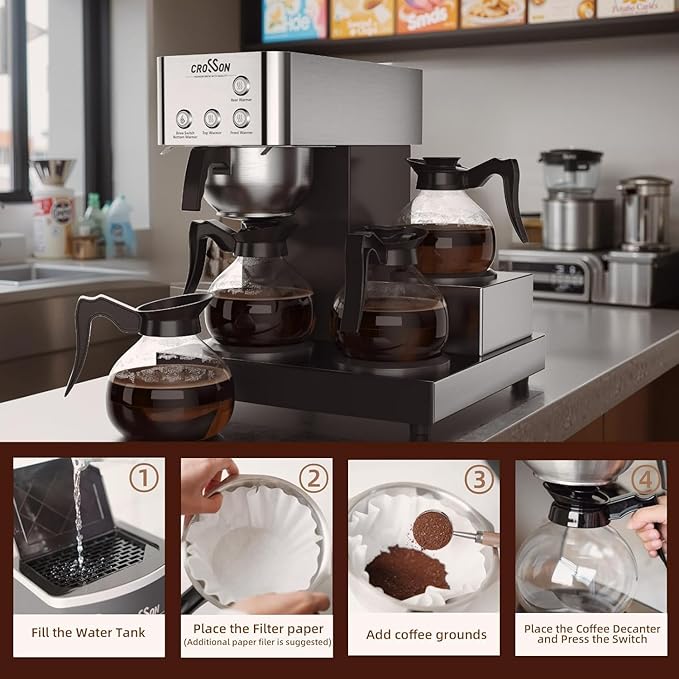 crosson 12 Cup Commercial Coffee Brewer with 4 Warmers & 4 Glass Decanter,Pour Over Drip Coffee Maker with Stainless Steel Housing and 304 SS Funnel