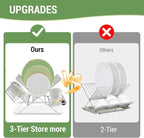 Dish Rack with Drip Tray, Stainless Steel 3-Tier Collapsible Drainer Dish Drying Rack for Kitchen Counter, Sink, Countertop,Cutlery, Dishes Utensils Flatware Holder Set, Reversible Cup Draining Rack