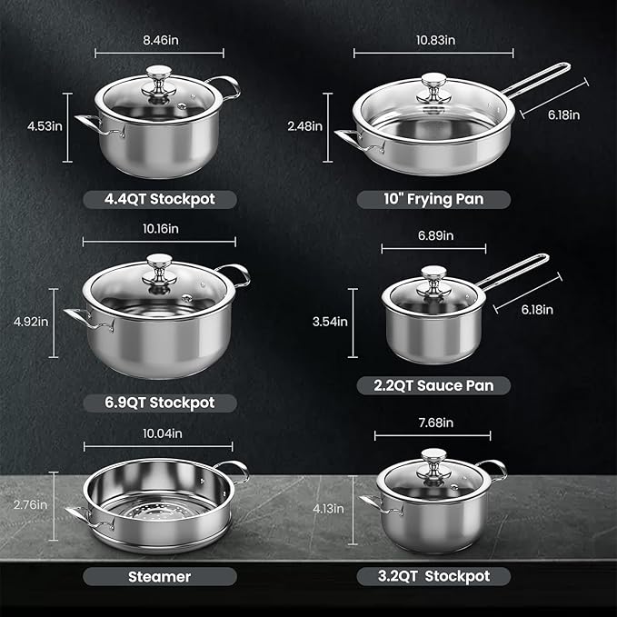 Meythway Pots and Pans Set Non Toxic, 11-Piece Stainless Steel Cookware Set with Steamer & Visual Lid, Kitchen Induction Cookware with Frying Pans, Saucepan and Stockpots For Oven & Dishwasher Safe