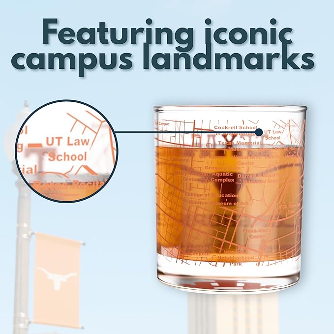 Greenline Goods – University of Texas Longhorns College Whiskey Glasses (Set of 2), 10 oz – Full-Color Logo + Campus Map