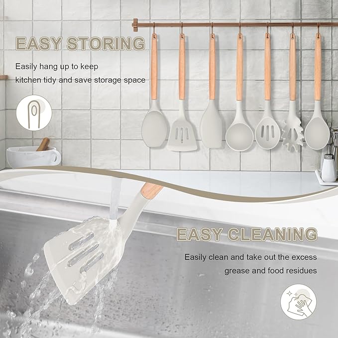 P&P CHEF Silicone Cooking Utensils Set, 8-Piece Kitchen Cooking Utensil with Wooden Handle, Silicone Spatula for Nonstick Cookware, Heat-proof & Easy Clean, Khaki