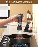 CIRCLE JOY Electric Salt and Pepper Grinder Set Automatic Salt and Pepper Grinder Set with Charging Base and White LED Light, Adjustable Coarseness, USB Rechargeable, Washable Container, White & Black