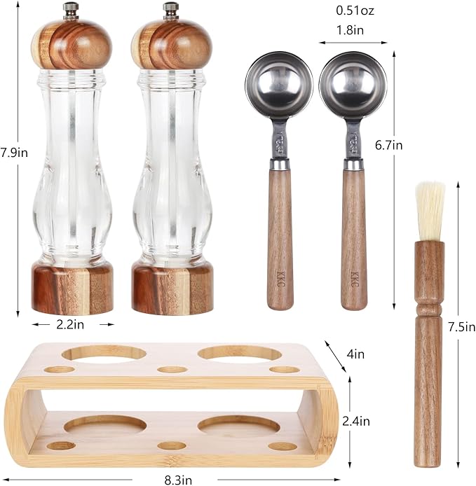 KKC HOME ACCENTS Wooden Salt and Pepper Grinder set with Spoons and Brush,Salt and Pepper Mill set,8 inch,Refillable Adjustable Coarseness Fine to Coarse