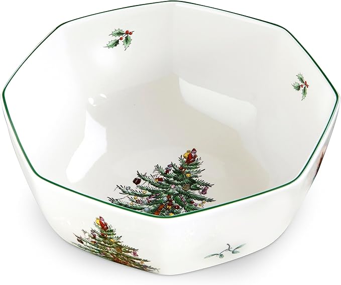 Spode Christmas Tree Octagonal Bowl - 8-Inch Serving Bowl for Salad, Fruit, Pasta and Side Dishes, Made of Earthenware, Beautiful Holiday Décor and Christmas Gift