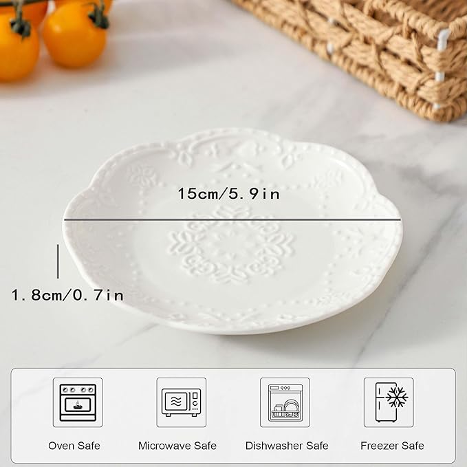 Neaylfe 8-Piece Embossed Ceramic Appetizer & Dessert Plates, 6 Inch White Mini Dinner Plates Set, Lightweight Small Ceramic Plates for Dessert, Cake, Snack, Waffles