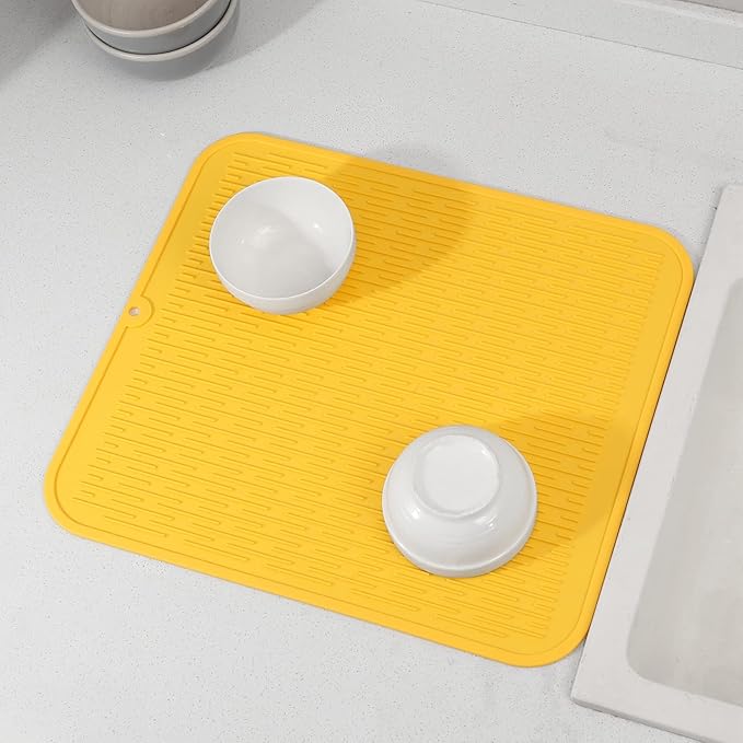 Silicone Dish Drying Mat for Multiple Usage,Easy clean,Eco-friendly,Heat-resistant Silicone Mat for Kitchen Counter or Sink,Refrigerator or Drawer Liner Yellow 2XL 24 inches x 18 inches