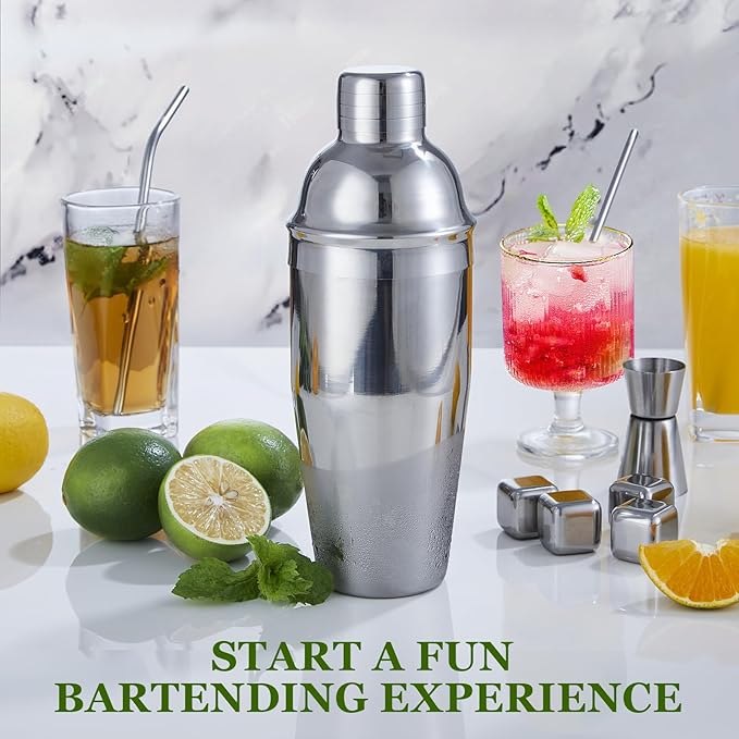 Cocktail Shaker Set, 23-Piece Stainless Steel Bartender Kit with Acrylic Stand & Cocktail Recipes Booklet, Professional Bar Tools for Drink Mixing, Home, Bar, Party (Include 4 Whiskey Stones)