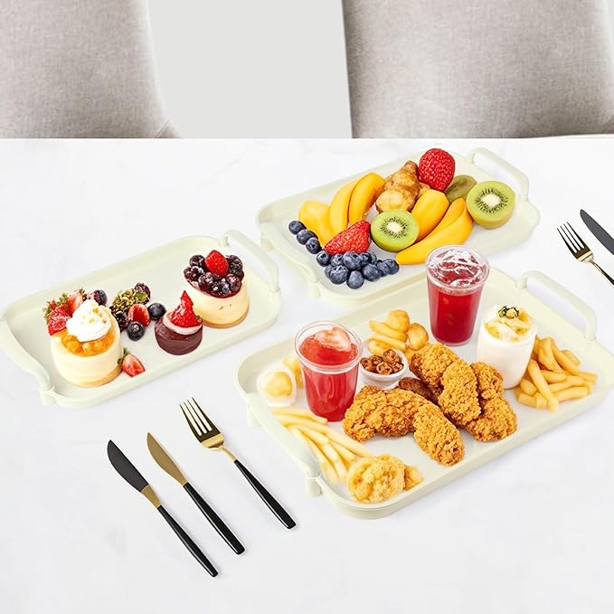 3 Pack Serving Tray with Handles, Stackable Reusable Trays for Serving Food, Plastic Serving Platters for Party, Charcuterie, Fruit, Appetizer, Solid Cream