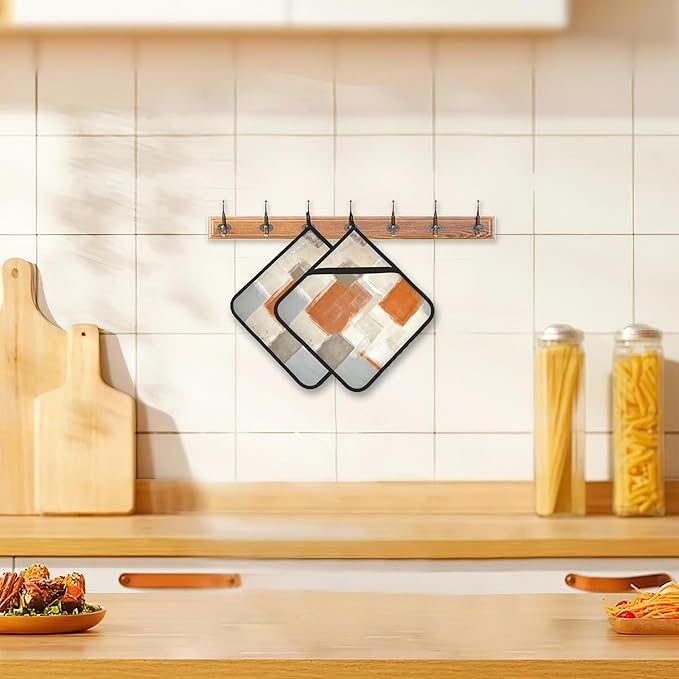 2 Pack Orange and Grey Pot Holders for Kitchen Heat Resistant, Abstract Art Painting Potholders for Kitchens Washable for Cooking & Baking & Microwave