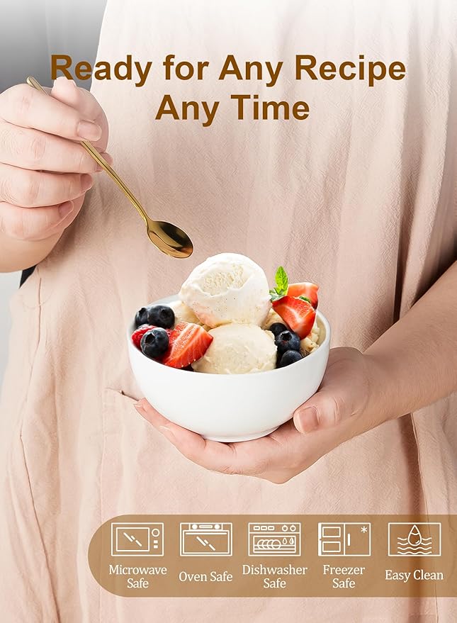 Yedio Small Bowls Set, White Ceramic Bowls of 6, 10 oz Porcelain Bowl for Kitchen Dessert Rice Side Dish Snack Soup Fruits Cereal Ice Cream, Microwave Dishwasher Freezer Oven Safe Easy Clean Stackable