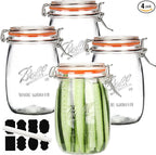 Wide Mouth Glass Jars with Airtight Lid 32OZ 4 Pack, Kitchen Storage Large Clear Canister Jars with Hinged Lid with Measurement Marks For Canning,Coffee,Flour,Sugar,Beans