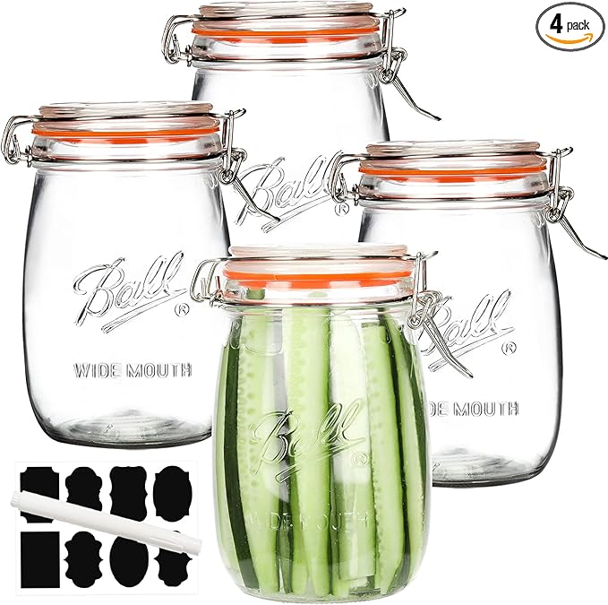 Wide Mouth Glass Jars with Airtight Lid 32OZ 4 Pack, Kitchen Storage Large Clear Canister Jars with Hinged Lid with Measurement Marks For Canning,Coffee,Flour,Sugar,Beans
