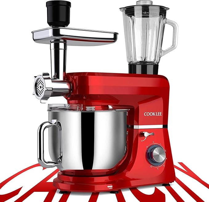 COOKLEE 6-IN-1 Stand Mixer, 8.5 Qt. Multifunctional Electric Kitchen Mixer with 9 Accessories for Most Home Cooks, SM-1507BM, Ruby Red