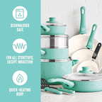 GreenLife Soft Grip 16 Piece Cookware Set, Non-Toxic PFAS-Free Ceramic Nonstick, Pots, Frying, Sauce, Saute, Glass Lids, Stay-Cool Handles, Wobble Free Bases, Dishwasher & Oven Safe, Turquoise