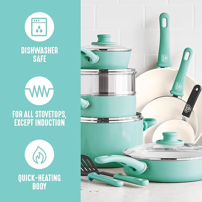 GreenLife Soft Grip 16 Piece Cookware Set, Non-Toxic PFAS-Free Ceramic Nonstick, Pots, Frying, Sauce, Saute, Glass Lids, Stay-Cool Handles, Wobble Free Bases, Dishwasher & Oven Safe, Turquoise