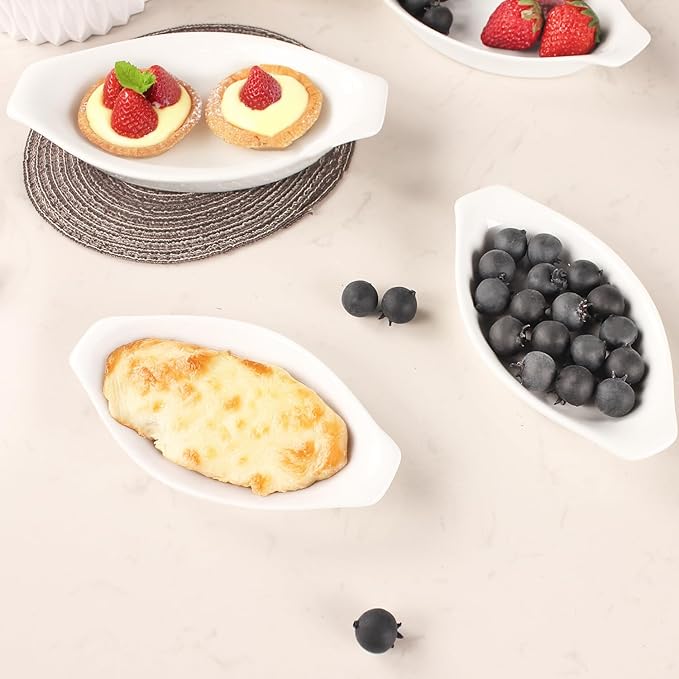 4" x 3"Ceramic Mini Oval Au Gratin Baking Dishes 3.5 oz, Set of 4 Banana Split Bowls,Oven and Microwave Safe, for 1 person servings, Bakeware with Handle(6.5 IN) for Kitchen and Home