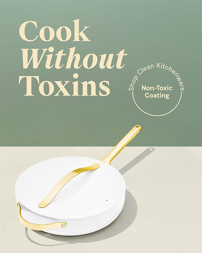 Caraway Nonstick Ceramic Sauté Pan with Lid (4.5 qt, 11.8") - Non Toxic, PTFE & PFOA Free - Oven Safe & Compatible with All Stovetops (Gas, Electric & Induction) - White