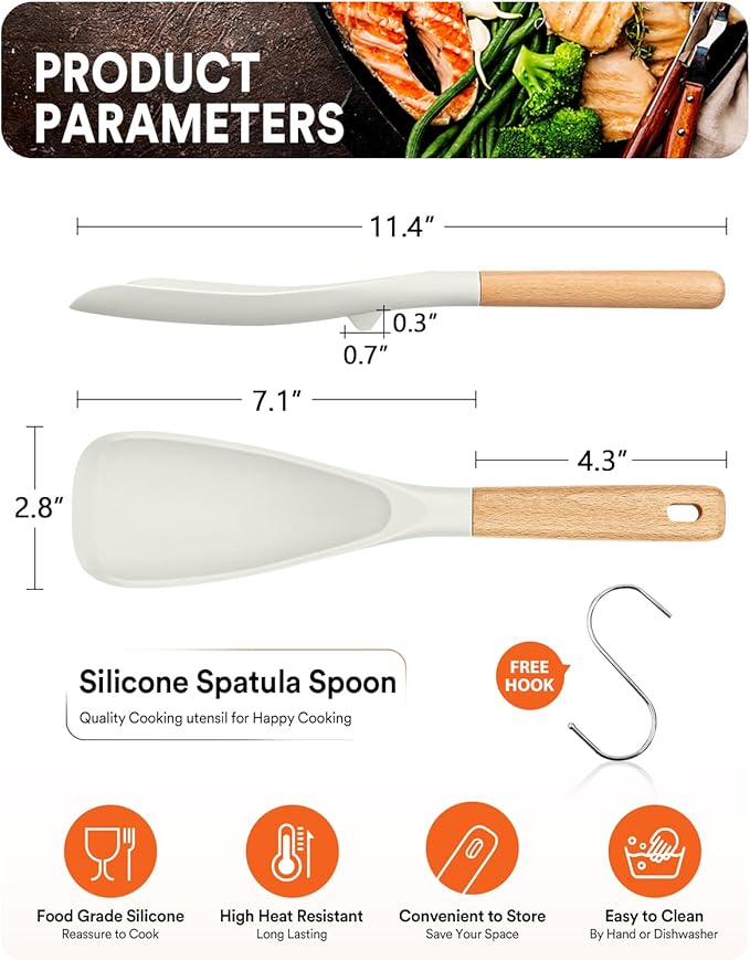 Cooking Spoon for Nonstick Cookwares, Great for Cooking and Serving Sturdy BPA-Free Matte Silicone, Wood Handle Spoon for Mixing, Scoop, and Scrape (WHITE)