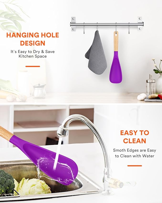 Cooking Spoon for Nonstick Cookwares, Great for Cooking and Serving Sturdy BPA-Free Matte Silicone, Wood Handle Spoon for Mixing, Scoop, and Scrape (BERRY)