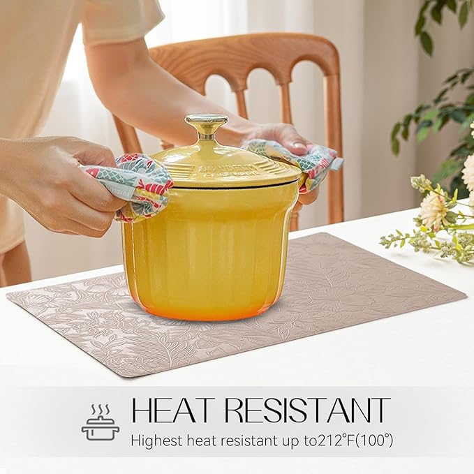 Romanstile Vinyl Placemats Set of 4-12 X 18 Inch - Heat Resistant Non-Slip Embossed Floral Place Mats 100% Waterproof Oilproof Wipeable Faux Leather Table Mats for Kitchen/Dining/Party, Khaki