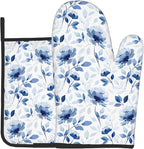 Blue Floral Oven Mitts Pot Holders Set of 2 Watercolor Leaves Heat Resistant Kitchen Mittens Potholders for Chef Baking Cooking Grilling