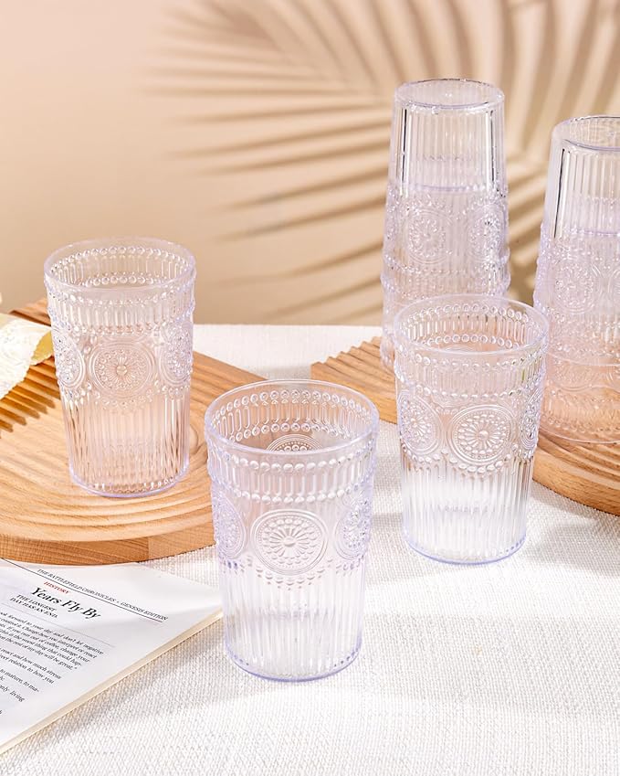 Ciaell 12 Pack Romantic Plastic Water Glasses - 14 Oz Clear Vintage Drinking Glasses, Embossed Ribbed Plastic Cups, Textured Striped Drinkware Set for Juice, Beverages, Beer, Cocktail