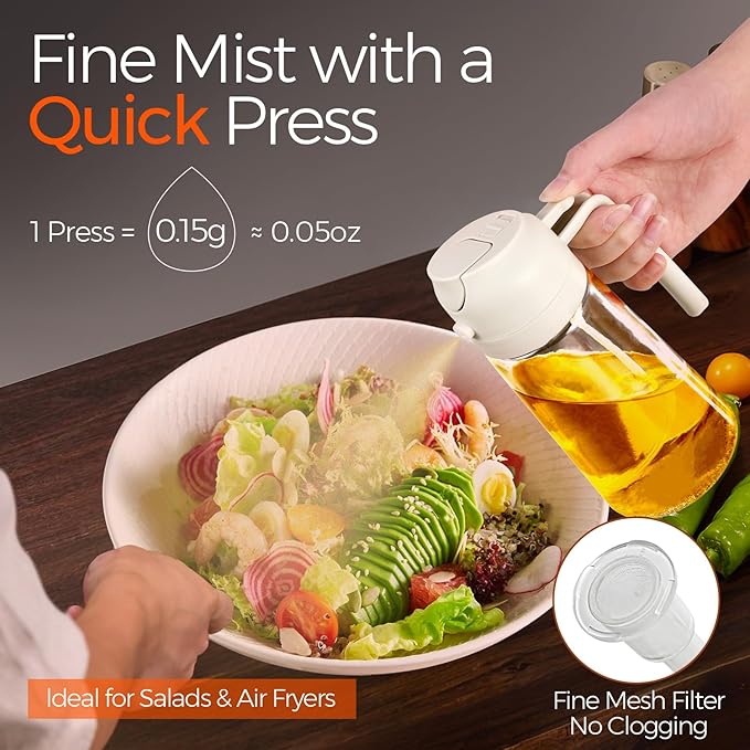 YARRAMATE 2Pcs 16oz/470ml 2 in 1 Oil Sprayer for Cooking with Stickers, Food-grade Glass Oil Spray Bottle, Oil Dispenser and Oil Sprayer for Kitchen, Salad, Frying, BBQ (White & Green)