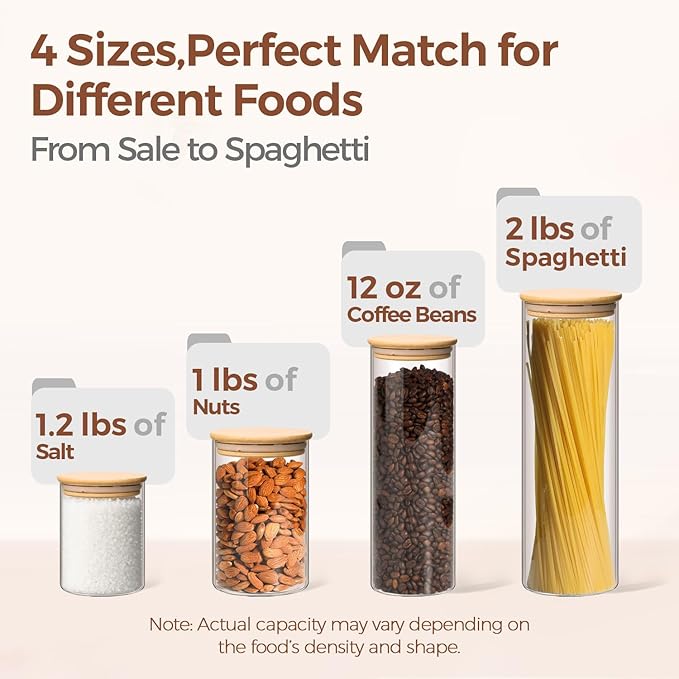 ComSaf Glass Food Storage Jars Set of 6, Clear Glass Storage Containers with Lids, Canisters Sets for the kitchen, Spaghetti, Pasta, Flour, Nuts, Oat, Coffee and Sugar Container, Pantry Organization