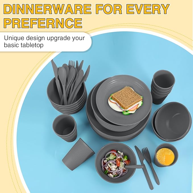 LAERJIN 56 Piece Wheat Straw Dinnerware Sets,Unbreakable Reusable Dinnerware Set,Dishwasher & Microwave Safe Plates and Bowls Sets, for Apartment Essentials, Outdoor Camping, Gray