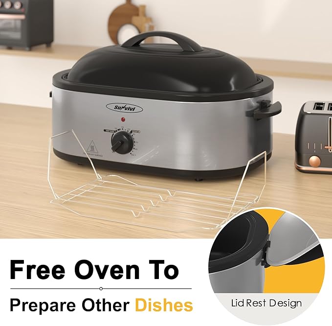 Sunvivi 24lb 20-Quart Roaster Oven, Electric Roaster Oven with Self-Basting Lid, Turkey Roaster with Unique Defrost/Warm Function, Large Roaster with Removable Pan & Rack, Stainless Steel, Silver