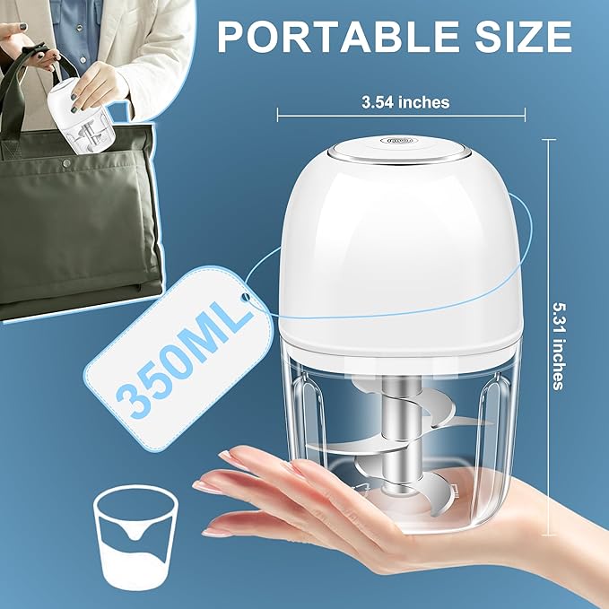 350ML Electric Garlic Chopper, Portable Mini Food Processor, USB Garlic Mincer Masher with 6 Stainless Steel Blade, Rechargeable Vegetable Chopper for Ginger, Chili, Meat, Spices