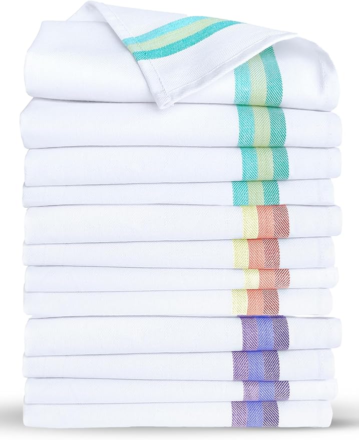 Premium Kitchen Towels (28”x20” - 12 Pack) 100% Natural Cotton Large Dish Cloths | Dish Towels for Kitchen with Hanging Loop, Reusable Cleaning Cloths, Lint Free | Bleach Friendly | Assorted Colors