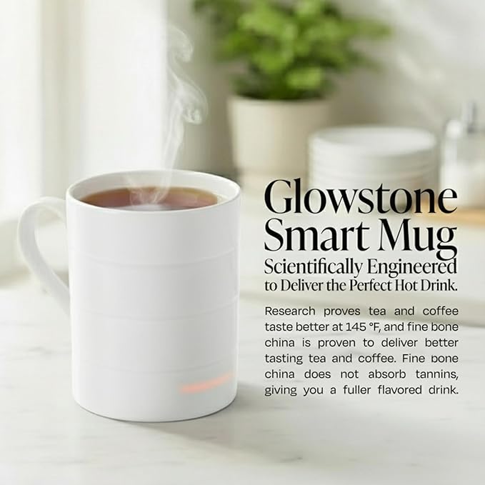 Glowstone Smart Heated Coffee Mug with Wireless Charging Base Self-heating Made from Fine Bone China Electric Coffee Mug and Self Heating Mug Keeps Drinks Hot Stay Hot Electric Coffee Mug