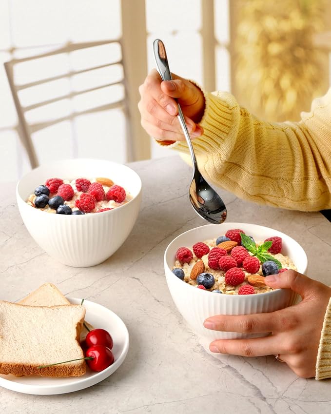 NUTRIUPS 5.5 in Deep Cereal Bowls, 25 oz Soup Bowl Set, Ceramic, Oven & Microwave Safe, Set of 6 White Bowl for Oatmeal Chili Salad