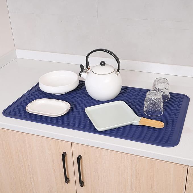 Silicone Dish Drying Mat for Multiple Usage,Easy clean,Eco-friendly,Heat-resistant Silicone Mat for Kitchen Counter or Sink,Refrigerator or Drawer Liner Navy Blue 4XL 32 inches x 18 inches
