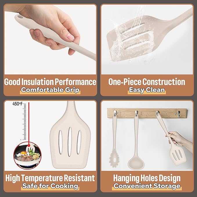 E-far Silicone Cooking Utensils Set, 7-Piece Khaki Heat Resistant Kitchen Utensils Set, Kitchen Nonstick Tools Spatula Ladle Spoon Pasta Server for Non-stick Cookware, Non-Toxic & Dishwasher safe