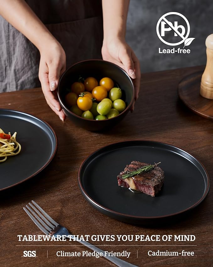 Famiware Mercury 24 Pieces Dinnerware Sets, Plates and Bowls Sets for 8, Microwave and Dishwasher Safe Dish Set, Matte Black