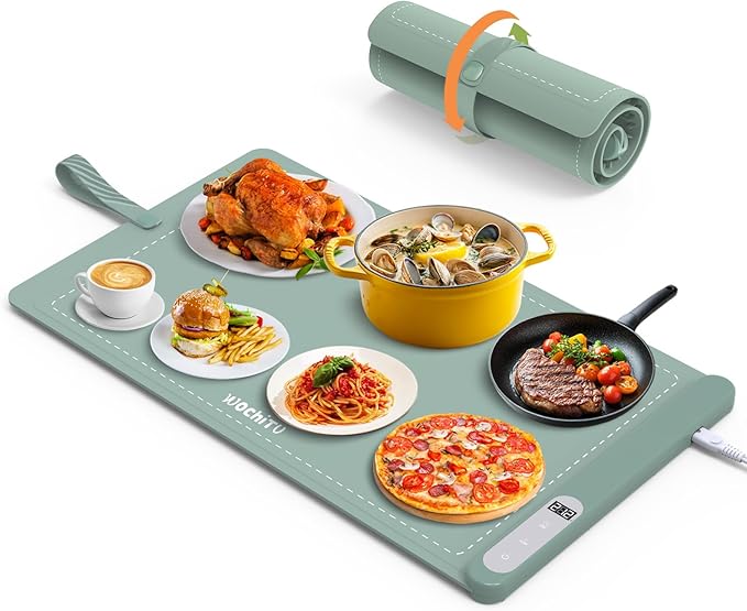 Food Warming Mat WochiTV Electric Warming Tray with 6 Level Temperature Control and 6 Hours Timer Extra Large Food Warmer Perfect for Parties Gatherings Buffet (Pale Green)