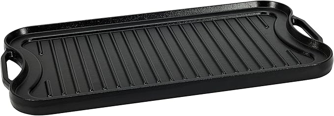 Amazon Basics Pre-Seasoned Cast Iron Reversible Rectangular Grill/Griddle, Black, 20 x 10.63 x 0.98 inch