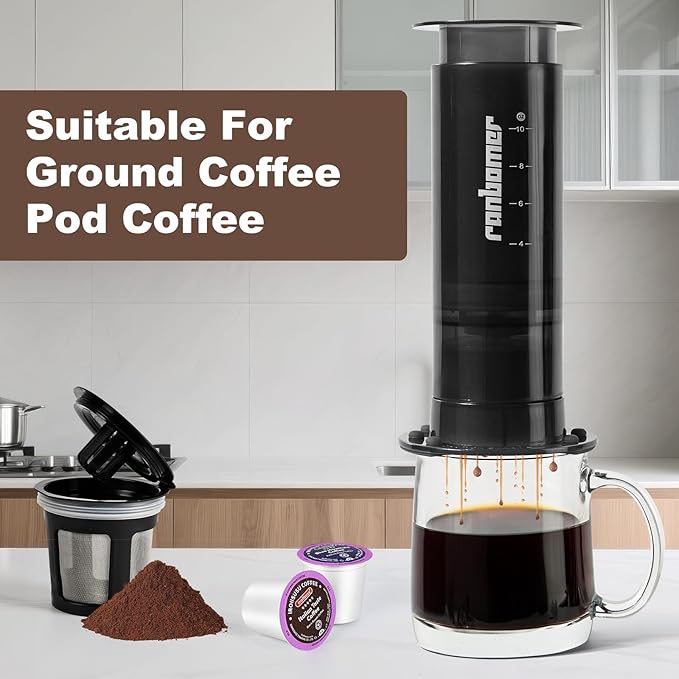 French Press Coffee Maker, 2-in-1 Single Serve K Cup Compatible, Portable Coffee Machine for Ground Coffee, Black, 10 Oz Capacity, for Camping, Travel