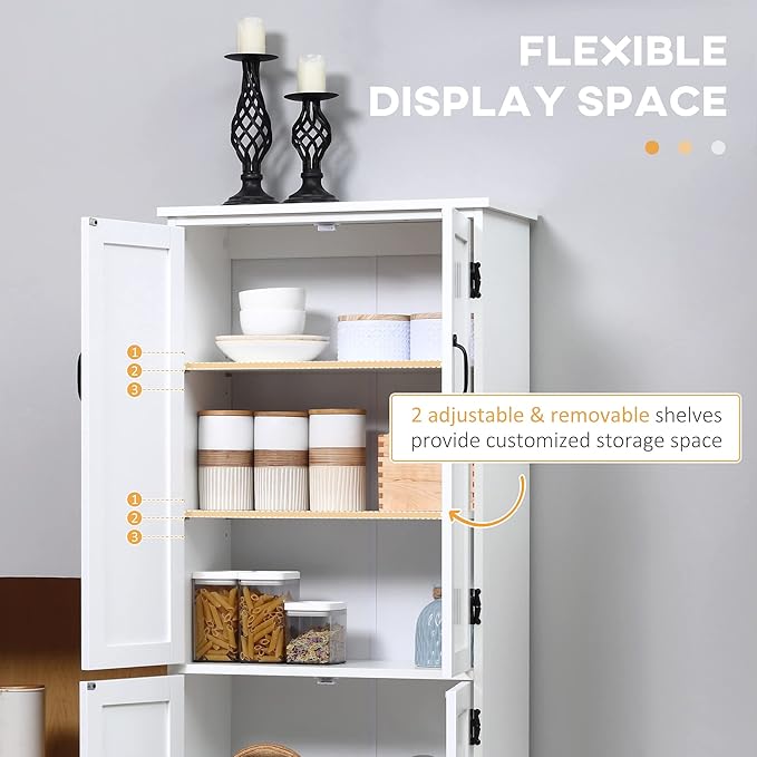 HOMCOM 48.5" Kitchen Pantry Cabinet with 2 Adjustable Shelves and 4 Beadboard Doors, Compact Farmhouse Kitchen Storage Cabinet for Dining Room, White
