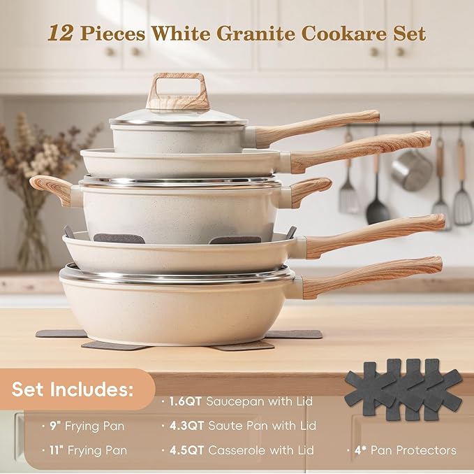 12Pcs Non-Stick Pots and Pans Set, White Granite Induction Cookware Set, Non-Toxic Healthy NonStick Kitchen Cooking Set with Pans Set, Soup Pot (No PFAS/PFOA/PFOS)