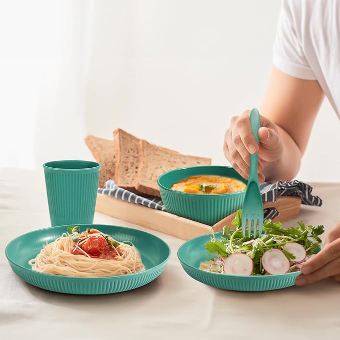 OAMCEG Plates and Bowls Sets Kitchen 42 Pcs, Plastic Wheat Straw Dinnerware Set, Dinner Plate/Dessert Plate/Cereal Bowl/Cup/Flatware Set, Dishwasher Microwave Safe, Outdoor Camping Dishes, Green