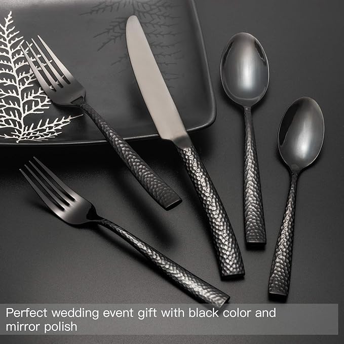Silverware Set Black Flatware Set Hammered Cutlery Set Stainless Steel Mirror Finished Hand Forged 40 Pieces Service for 8 Home Event Use Wedding Housewarming Gift